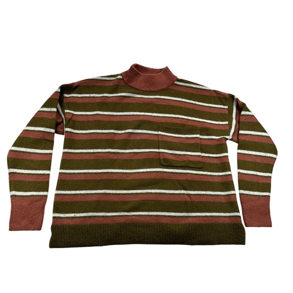 MADEWELL Small Striped Mock Neck Wool Sweater Brown Green Casual Pullover Top - Picture 2 of 16